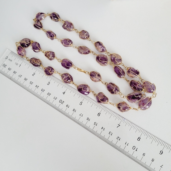 Natural emythyst quartz nuggets gold tone wired long necklace - Picture 2 of 4